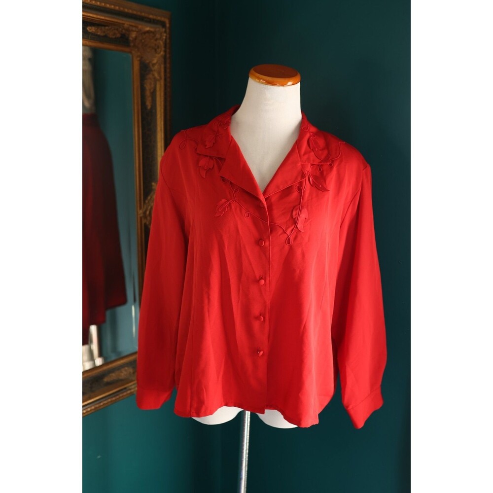 Vintage Bon Worth Long Sleeve Button Down Red Shirt Leaf Applique Fall Cottage